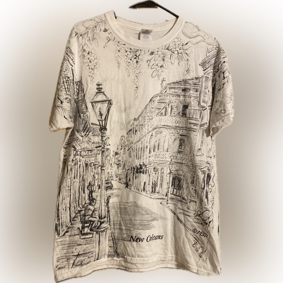 Sold!!!!Vtg New Orleans French Quarter Bourbon St Sketch Print  T-shirt - Picture 2 of 8
